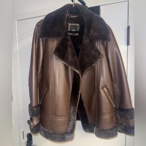 River Island Brown Leather Jacket with Shearling Trim